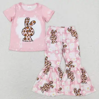  търговия на едро гореща разпродажба на детски дрехи за момиченца с флорални леопардовым принтом, зайци розово карирани брючный костюм с къси ръкави