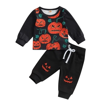  Костюми за момчетата на Хелоуин, блузи с дълги ръкави и дълги штанами с принтом зла тиква, комплект есенни дрехи от 2 теми