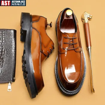  Британски тенденция, мъжки дерби от лачена кожа, луксозна марка, дизайнер 2023, Нов стил, Ежедневни бизнес обувки от естествена кожа