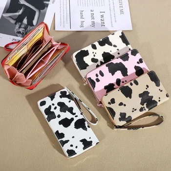  Модерен женски портфейл от изкуствена кожа с шарени крави, дълъг портфейл с цип, многослоен държач за карти, чанта за мобилен телефон, женски клатч, портмонета за монети