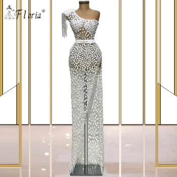  Секси Вечерна рокля с перли и с висока цепка на поръчка 2020 Дълга рокля за бала Dubai Runaway, Вечерни рокли за партита Vestidos De Феста