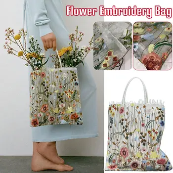  Дамски mesh bag-тоут, на Бродирани Цветя чанта през рамо, Преносима Лейси чанта за пазаруване с бродерия
