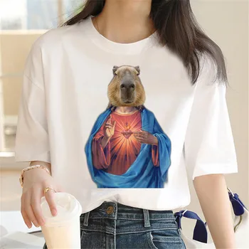  Тениска HX Jesus Capybara, Тениска С Принтом Смешните Животни, Летни Тениски С къс ръкав, Градинска Дамски Дрехи S-7XL