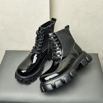  Луксозни Мъжки модни ботильоны от лачена кожа ръчно изработени, Удобна естествена кожа, 2023, Топло Ежедневни Бизнес обувки на платформа, мъже