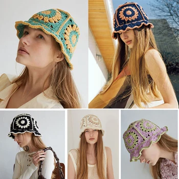  Новата Реколта Вязаная Рибарска шапка с цветя модел, Модна шапка ръчна изработка, вязаная на една кука в тон, шапки за момичета, Солнцезащитная шапка, Дамски Панама