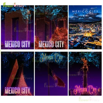  Ретро вид нощно висока сграда в Мексико сити, Плакат в скандинавски стил, монтиране на изкуството, платно, живопис, стенни картини за всекидневната, без рам