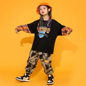  Готин комплект за улични танци за момче, свободна клетчатая hoody в стил хип-хоп с букви, камуфляжные панталони за момичета, градинска облекло за джаз шоу