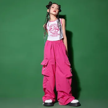  Детски облекла в стил хип-хоп, бяла съкратен отгоре с V-образно деколте, риза на бретелях, розови ежедневни панталони-карго с широки джобове за момичета, костюм за джаз танци, облекло