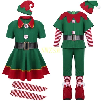  2022 Фестивал коледни костюми за момичета със зелени елфи Дядо Коледа за момичета Коледна детски дрехи Маскарадное рокля Рокля за Коледното парти