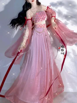  Китайското Традиционната рокля, дамски пола Mermaid Seaside Hanfu, Подобрени Елементи на Han, Екзотични Струящиеся Аксесоари за Приказна Розова рокля
