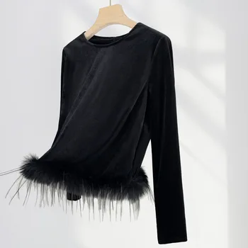  Пролетно черна тениска Pleuche с декоративни пера и дълги ръкави