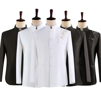  Комплект от 2 теми, яке и панталони, модерни мъжки костюми в китайски стил с диамантена повърхност и яка-часова, черно-бели однобортные мъжки комплекти