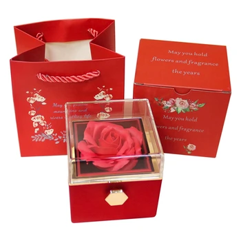  Кутия за пръстени с рози се върти на 360 ° Кадифе ковчег за бижута Eternal Rose Box 