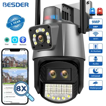  9-Мегапикселова PTZ IP камера BESDER, Wifi, 8-кратно цифрово увеличение, два външни дисплея, автоматично следене на AI, Безжична камера видеонаблюдение iCSee App