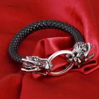  Висококачествен Черен сплетен кожена гривна, китайски гривна във формата на дракон с тъмно-червени очи, мъжки бижута, гривни pulseira Bijoux
