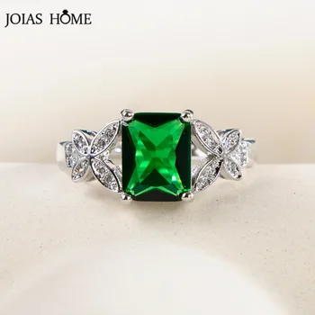  JoiasHome Сребърен пръстен проба 925 за жени Правоъгълник 6 *8 мм Изумрудено-зелен скъпоценен камък Елегантни Дамски бижута Регулируем размер на Подарък за парти на Едро
