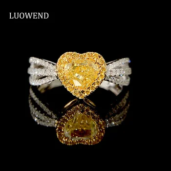 Пръстени LUOWEND от бяло злато 18 Карата-Романтичния дизайн на сърцето Годежен пръстен с истински натурален жълт диамант за жени Висококачествени сватбени декорации