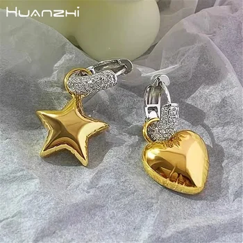  HUANZHI Златен цвят, звезда, Сърце, Любов, Асиметрични обеци-пръстени с кристали за жени и момичета, Корейската мода, Бижута, подаръци 2023 г., Хит на продажбите