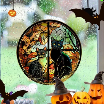  Стъклен декор за Хелоуин: стикер на прозореца в замък с духове, черна котка, статичен лепило за PVC, цветна украса за парти