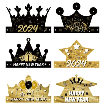  6шт Конусообразных шапки за парти с Нова година, Черна и златна корона 2024, Коледни украси за партита, Аксесоари за деца и възрастни, подпори