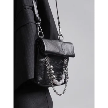  Harajuku Women Y2K момиче Тъмно-черна малка плиссированная чанта през рамо 2023, женски тенденцията мини чанта за метална верига, чанта-месинджър за телефон
