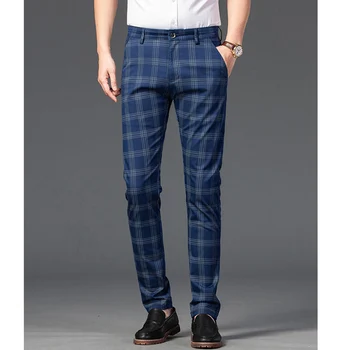  2023 Нови Летни мъжки панталони, висококачествени работни ластични панталони от памук в клетката, Модерен бизнес плътно прилепнали сини панталони цвят Каки, черни панталони