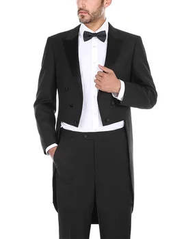  Елегантни черни Костюми с дълги палта За мъже, Двубортные Сватбени смокинги за младоженеца-2 броя, Официално случайни сако, панталон, Костюм Homme