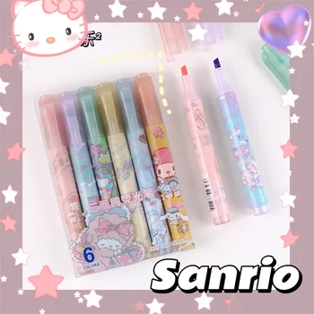  24шт Sanrio Kawaii Маркер-Хайлайтер на Hello Kitty Melody Cinnamonroll Студентски Канцеларски материали Light Color Mark Pen Kids Draw Supply