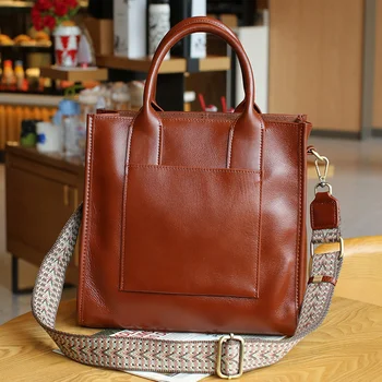  Ежедневна дамска чанта от естествена кожа, луксозна чанта-месинджър от волска кожа, голяма чанта голям-тоут, женствена чанта през рамо