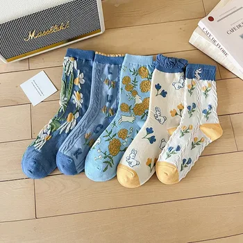  Дамски чорапи със средна дължина, с цветен модел, памучни чорапи с насипни бродерия, сладък японски ежедневни чорапи за момичета calcetines mujer