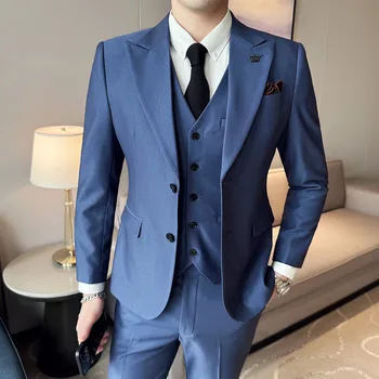  Нов мъжки тънък комплект с двойна катарама (костюм + жилетка + панталон, модерен универсален костюм от еластична тъкан, облекло за младоженеца-комплект от три елемента -M-3XL