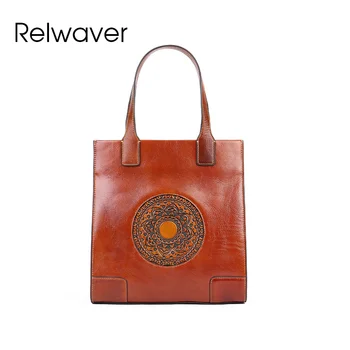  Relwaver дамска чанта-тоут най-горния слой на чанти от телешка кожа 2023 зима голямата голям чанта през рамо китайски стил тотем женствена чанта за пътуване