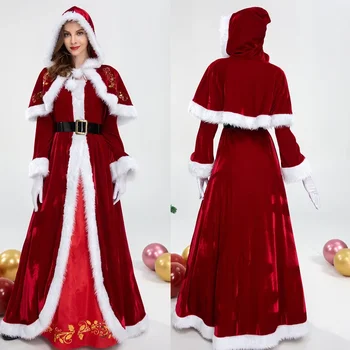  Луксозен класически коледен костюм г-жа Коледа за коледно парти, женствена червена рокля за cosplay на Дядо Коледа