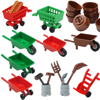  Инструменти за транспортиране на MOC, градски градивни елементи, аксесоари, Улични колички за пазаруване, кутии, саксии, мини-тухли, играчки за деца